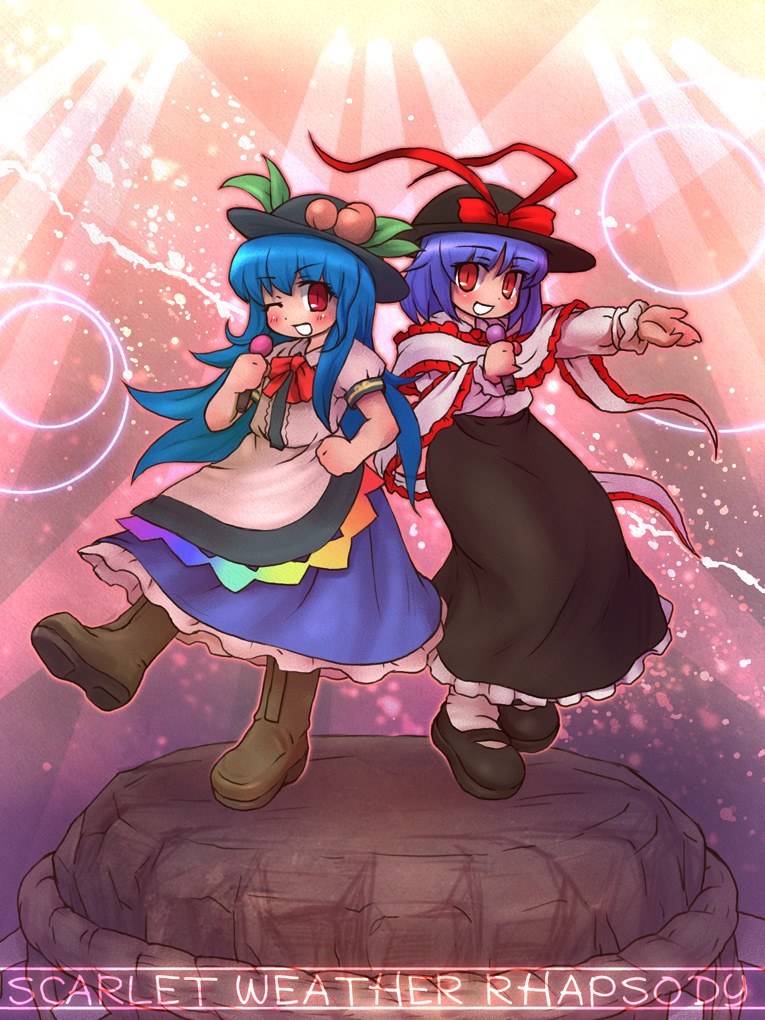 sankuma, hinanawi tenshi, nagae iku, touhou, 2girls, blue hair, english text, female focus, food, fruit, full body, gradient background, hat, kaname-ishi, long hair, microphone, multiple girls, music, one eye closed, peach, purple hair, ribbon, rope, shimenawa, short hair, singing, standing, wink
