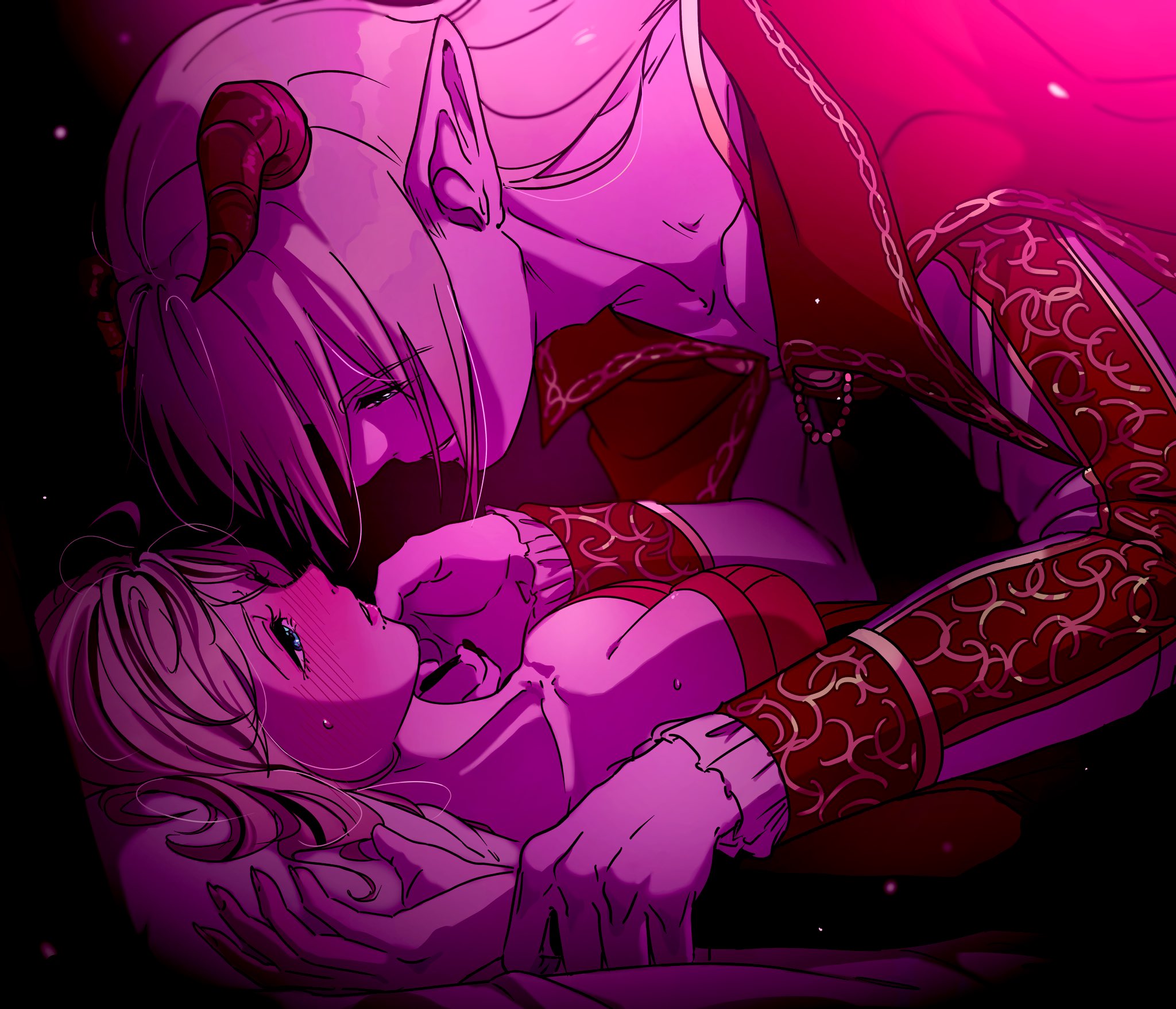 azbar (dragon quest), elf (dq10), dragon quest, dragon quest x, commentary request, highres, 1boy, 1girl, black nails, blonde hair, blue eyes, blush, breasts, cape, cleavage, colored skin, couple, demon boy, eye contact, gold trim, head on pillow, hetero, holding another's wrist, horns, long hair, looking at another, lying, medium breasts, nanamono 0414, oc x canon, on back, parted lips, pillow, pinned, pointy ears, profile, purple skin, red cape, red horns, red trim, shirt, sweatdrop, upper body, white shirt