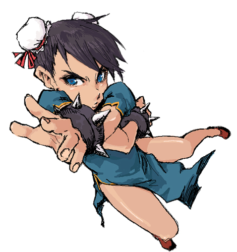 oomori harusame, chun-li, capcom, street fighter, lowres, 1girl, bracelet, bun cover, china dress, chinese clothes, double bun, dress, female focus, foreshortening, hair bun, jewelry, no legwear, pelvic curtain, pov, solo, spiked bracelet, spikes