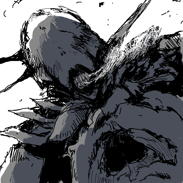 oomori harusame, abara, greyscale, monochrome, monster, no eyes, no humans, oekaki, simple background, solo, spikes, upper body, white background