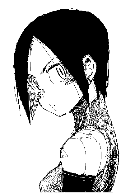 oomori harusame, alita, battle angel alita, 1990s (style), 1girl, :o, cyborg, female focus, greyscale, monochrome, retro artstyle, solo