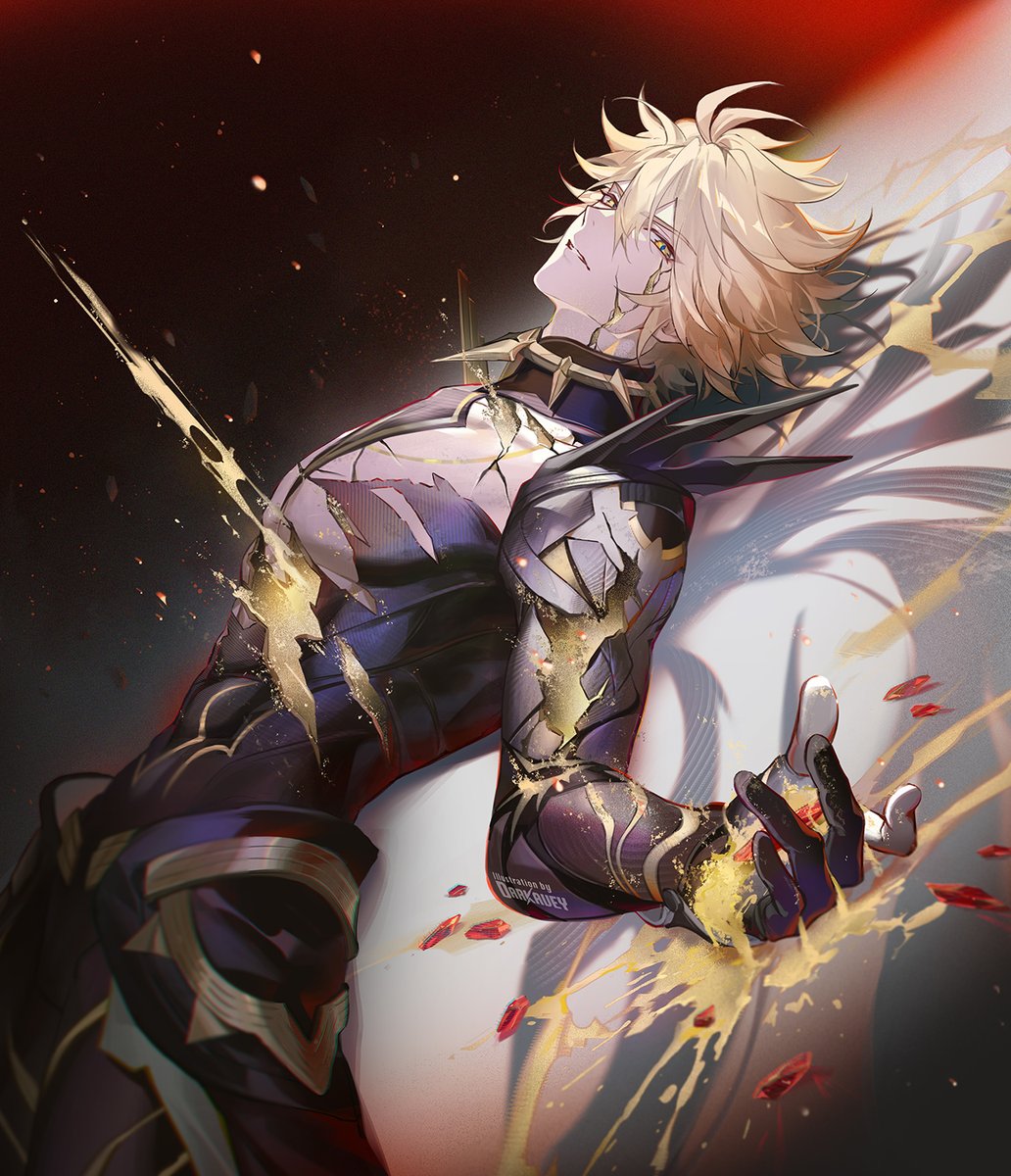 darkavey, phainon (honkai: star rail), phainon (khaslana) (honkai: star rail), honkai: star rail, honkai (series), commentary, english commentary, highres, 1boy, antenna hair, artist name, black background, black bodysuit, blonde hair, blue pupils, bodysuit, broken skin, gold trim, hair between eyes, halo, halo behind head, looking at viewer, lying, male focus, official alternate costume, official alternate eye color, official alternate hair color, on back, shadow, short hair, shoulder spikes, solo, spikes, teeth, yellow blood, yellow eyes