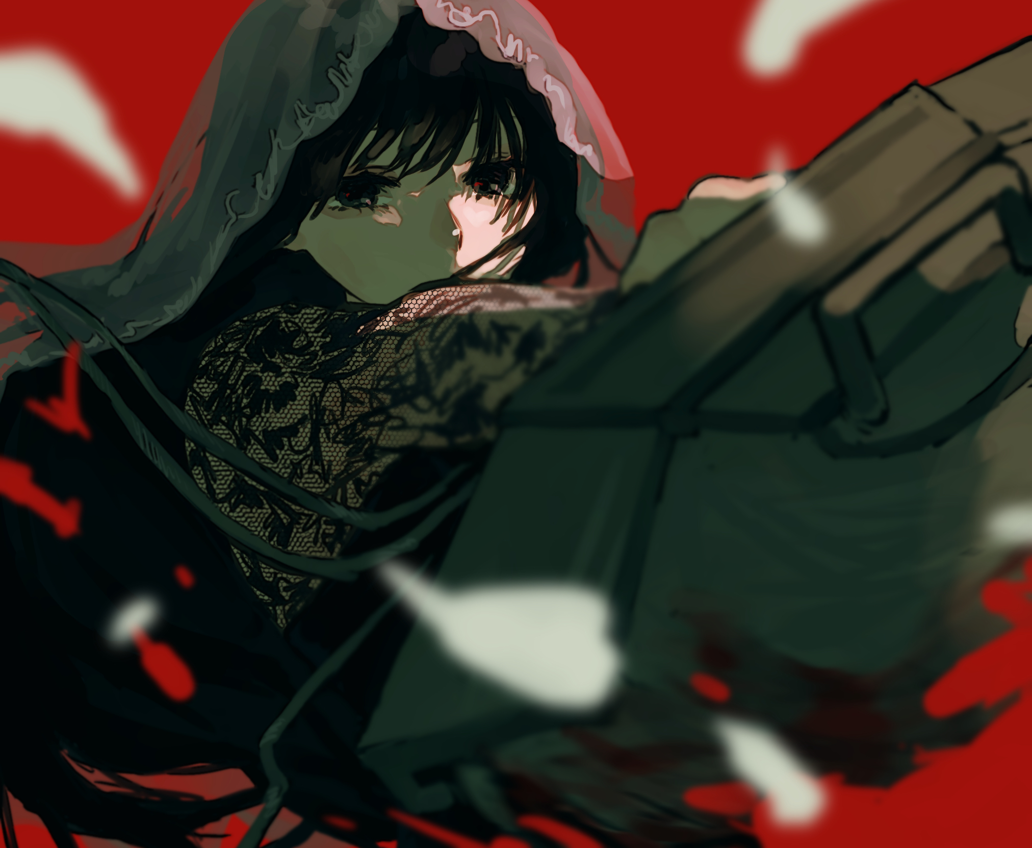 oke no mori, osaragi (sakamoto days), sakamoto days, commentary request, highres, aegyo sal, black dress, black hair, blood, bloody weapon, circular saw, dress, holding, holding weapon, long hair, red background, saw, veil, weapon, white petals, white veil