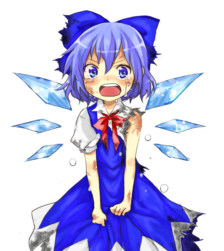 miya (tsumazukanai), cirno, embodiment of scarlet devil, touhou, bad id, bad pixiv id, 1girl, blue eyes, blue hair, bow, dress, female focus, matching hair/eyes, scorch marks, short hair, simple background, solo, tears, torn clothes, white background, wings
