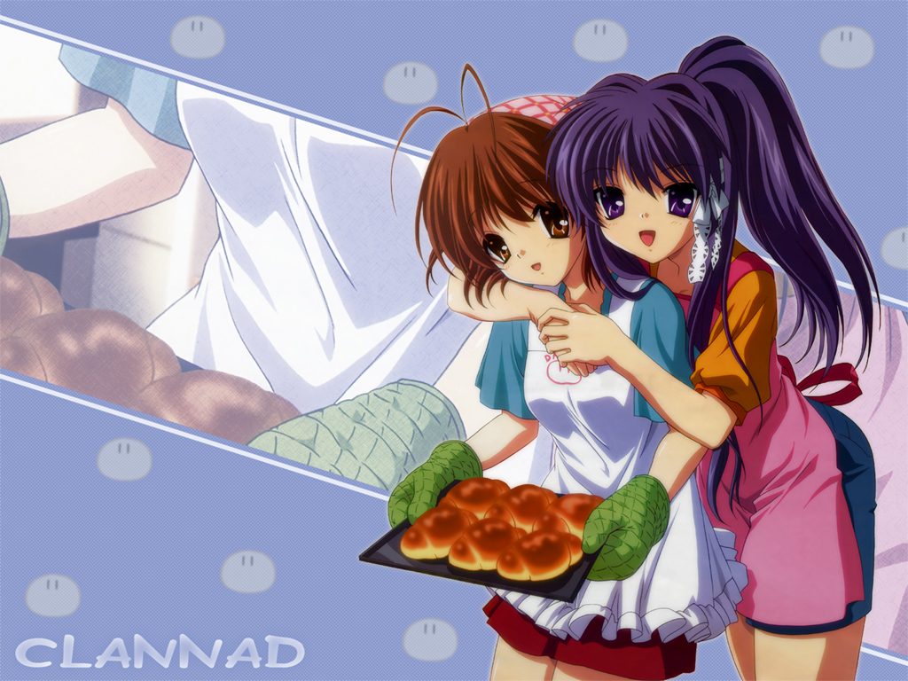 ikeda kazumi, fujibayashi kyou, furukawa nagisa, clannad, dango daikazoku, 00s, apron, bread, brown eyes, brown hair, casual, dango, food, hug, long hair, oven mitts, ponytail, pot holders, purple eyes, purple hair, tray, wagashi