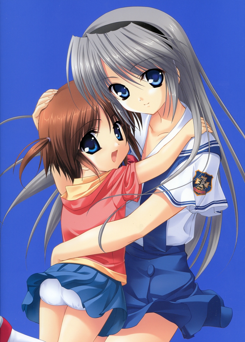 mishima tomo, sakagami tomoyo, clannad, tomoyo after, silver hair, 00s, 2girls, age difference, blue eyes, brown hair, hug, loli, long hair, multiple girls, onee-loli, panties, pantyshot, school uniform, serafuku, two side up, underwear, white panties, yuri
