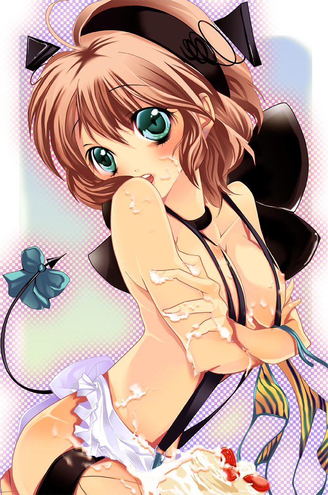 bkks (pixiv), yu (bkks), bad id, bad pixiv id, 1girl, apron, aqua eyes, breasts, brown hair, cake, choker, cowboy shot, cream, female focus, fishnets, food, green eyes, hairband, medium breasts, naked suspenders, nipples, pastry, short hair, solo, suspenders, tail, thighhighs