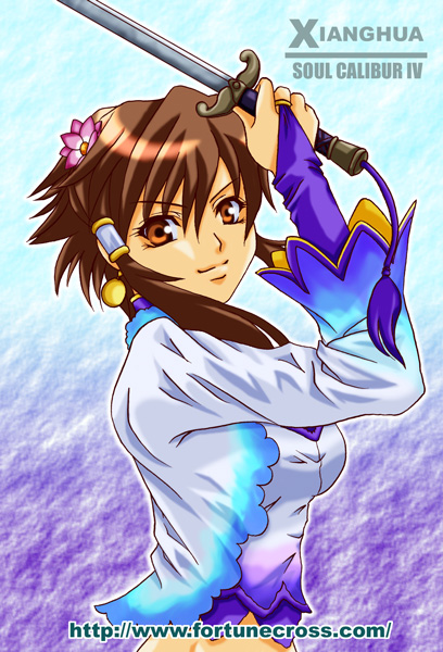 fortunecross, chai xianghua, soul calibur, soulcalibur, soulcalibur iv, 1girl, bridal gauntlets, brown eyes, brown hair, female focus, flower, hair flower, hair ornament, midriff, short hair, smile, solo, sword, weapon
