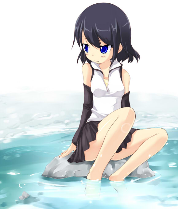 kuro (be ok), original, 1girl, barefoot, black hair, blue eyes, detached sleeves, female focus, school uniform, serafuku, short hair, sitting, skirt, soaking feet, solo, water