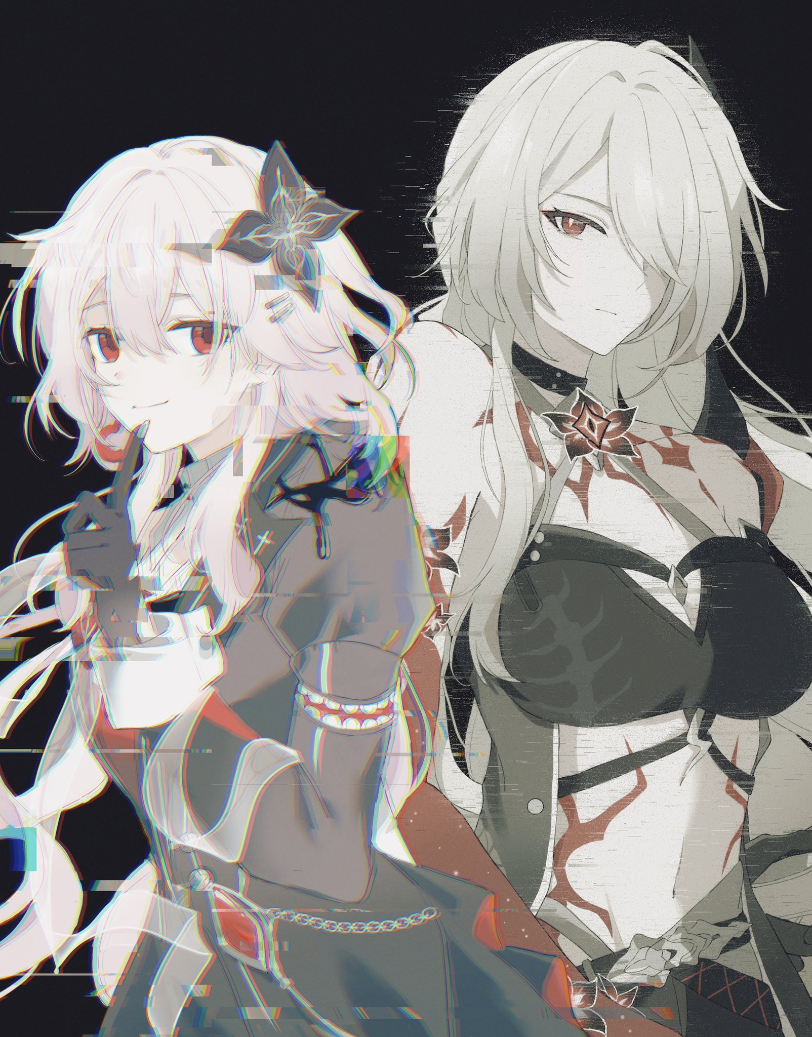 acheron (honkai: star rail), evernight (honkai: star rail), march 7th (honkai: star rail), honkai: star rail, honkai (series), highres, 2girls, black choker, black dress, black flower, black gloves, breasts, choker, closed mouth, colored skin, dress, earrings, flower, glitch, gloves, grey nails, hair between eyes, hair flower, hair ornament, hair over one eye, hairclip, jewelry, ki ii37, large breasts, light smile, long hair, long sleeves, looking at viewer, midriff, multiple girls, navel, pink hair, red eyes, red flower, red skin, single bare shoulder, single earring, very long hair, white hair