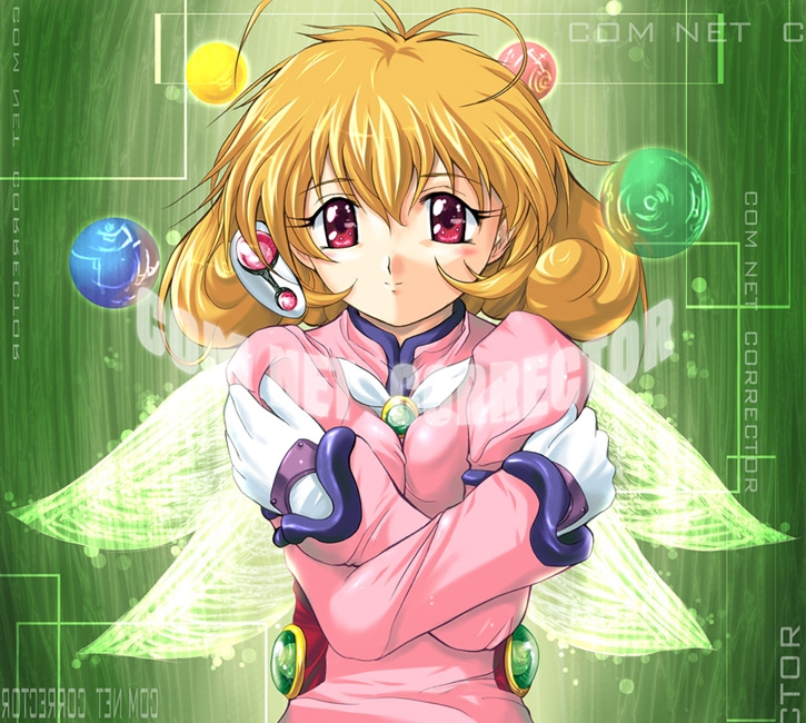 zundarepon, kasuga yui, corrector yui, 1990s (style), 1girl, antenna hair, blonde hair, blush, breasts, breasts squeezed together, copyright name, crossed arms, female focus, green background, pink shirt, purple eyes, retro artstyle, shirt, short hair, smile, solo, wings
