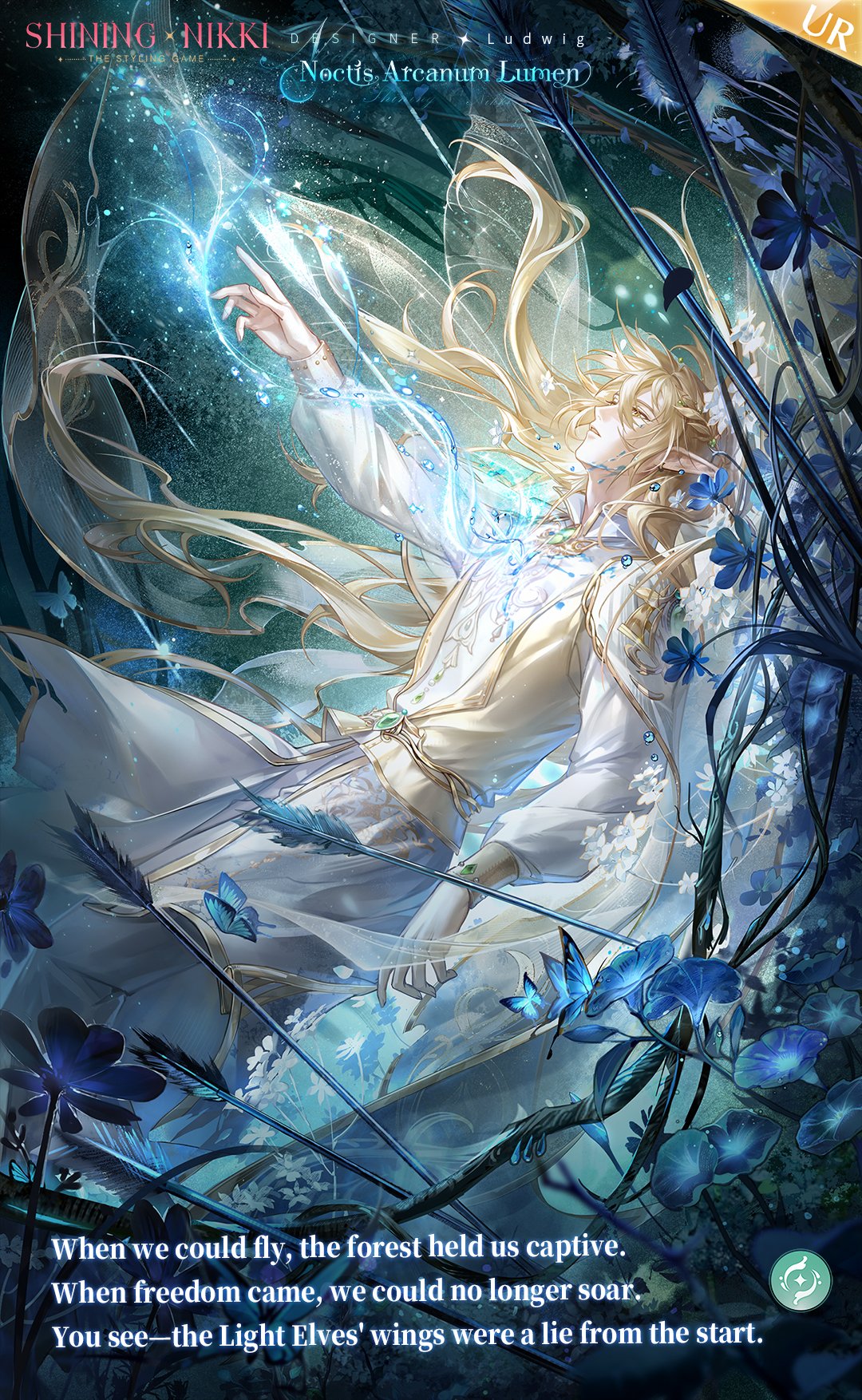 nikki (series), shining nikki, artist request, commentary, english commentary, highres, official art, second-party source, 1boy, arrow (projectile), arrow in body, belt, blonde hair, blue butterfly, blue flower, bug, butterfly, cape, character name, copyright name, cowboy shot, english text, fairy, fairy wings, falling, flower, forest, gold belt, hair between eyes, injury, insect, light particles, logo, long hair, long sleeves, ludwig (shining nikki), magic, male focus, nature, open clothes, open vest, outdoors, outstretched arm, pants, parted lips, pointy ears, pointy nose, puffy long sleeves, puffy sleeves, shirt, solo, transparent wings, very long hair, vest, white cape, white pants, white shirt, wings, yellow eyes, yellow vest, yellow wings