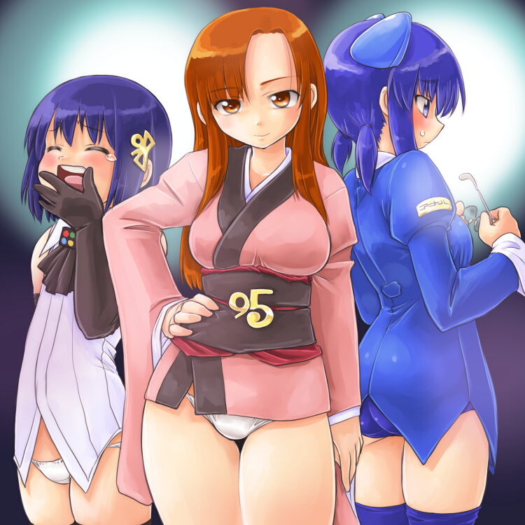 dd (ijigendd), 2k-tan, 95-tan, 98-tan, os-tan, bad id, bad pixiv id, translated, 3girls, blue hair, blue panties, blush, bottomless, brown hair, elbow gloves, glasses, gloves, japanese clothes, kimono, long hair, lowleg, lowleg panties, multiple girls, no pants, panties, pink kimono, short hair, short kimono, short yukata, sleepy, smile, thighhighs, underwear, white panties, yukata