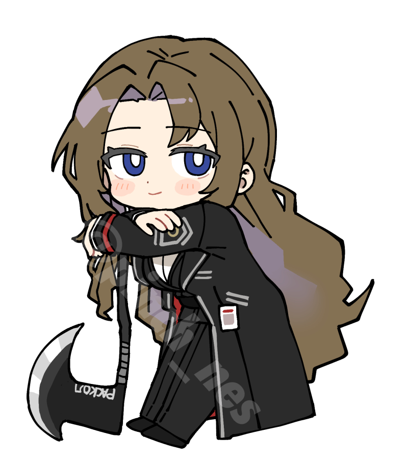 pinch (nesume), rodion (project moon), limbus company, project moon, 1girl, artist name, axe, black jacket, black pants, black shoes, blue eyes, blush, breasts, brown hair, chibi, chibi only, closed mouth, colored inner hair, crossed arms, full body, holding, holding axe, holding weapon, id card, jacket, lapels, large breasts, long hair, long sleeves, looking to the side, multicolored hair, open clothes, open jacket, pants, purple hair, shirt, shoes, smile, solo, standing, twitter username, very long hair, vest, watermark, wavy hair, weapon, white shirt, white vest