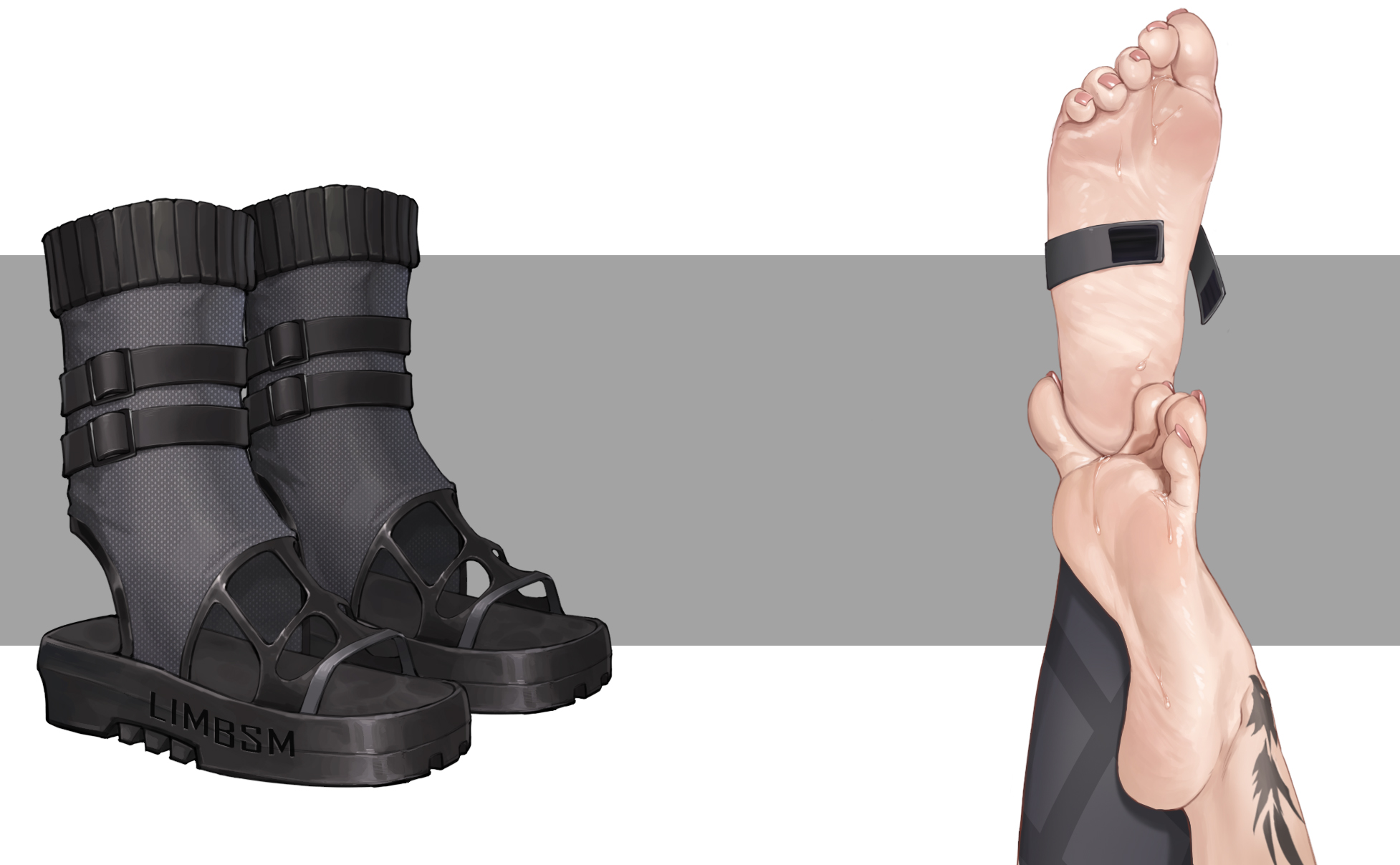 liang mu, black footwear, highres, 1girl, barefoot, boots, close-up, feet, flip-flops, foot focus, grey background, nail polish, sandals, soles, solo, spread toes, sweat, tattoo, toe scrunch, toenail polish, toenails, toes, two-tone background, unworn boots, white background