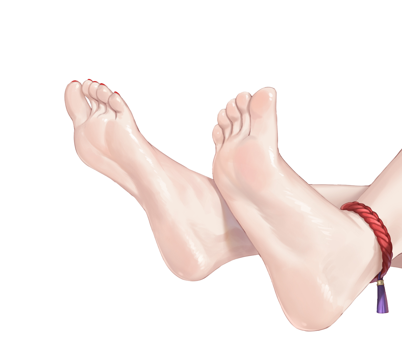 liang mu, highres, 1girl, anklet, barefoot, close-up, feet, foot focus, jewelry, nail polish, red nails, shiny skin, simple background, soles, solo, toenail polish, toenails, toes, white background