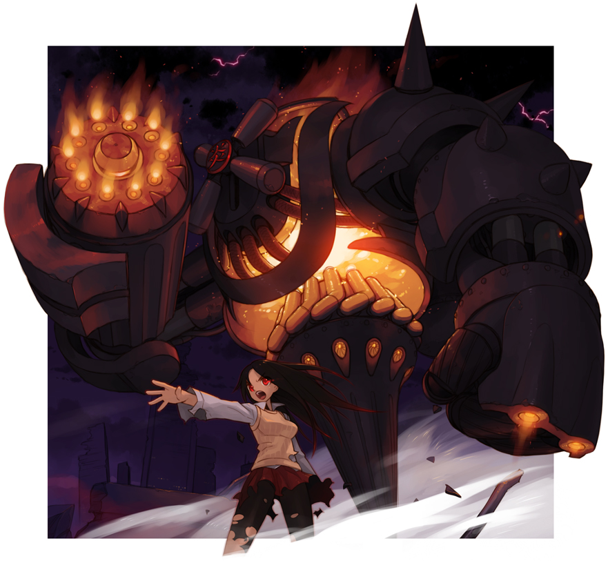 iyokawa, original, torn legwear, fire, glowing, glowing eyes, mecha, monster, pantyhose, red eyes, robot, skirt, torn clothes