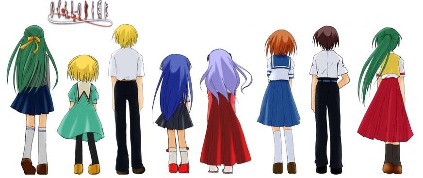 furude rika, hanyuu, houjou satoko, houjou satoshi, maebara keiichi, ryuuguu rena, sonozaki mion, sonozaki shion, higurashi no naku koro ni, 00s, 2boys, 6+girls, back, blonde hair, blue hair, brown hair, copyright name, green hair, green skirt, hakama, hakama skirt, half updo, horns, japanese clothes, long hair, multiple boys, multiple girls, orange hair, pantyhose, ponytail, purple hair, red hakama, ribbon, school uniform, serafuku, short hair, siblings, sisters, skirt, twins
