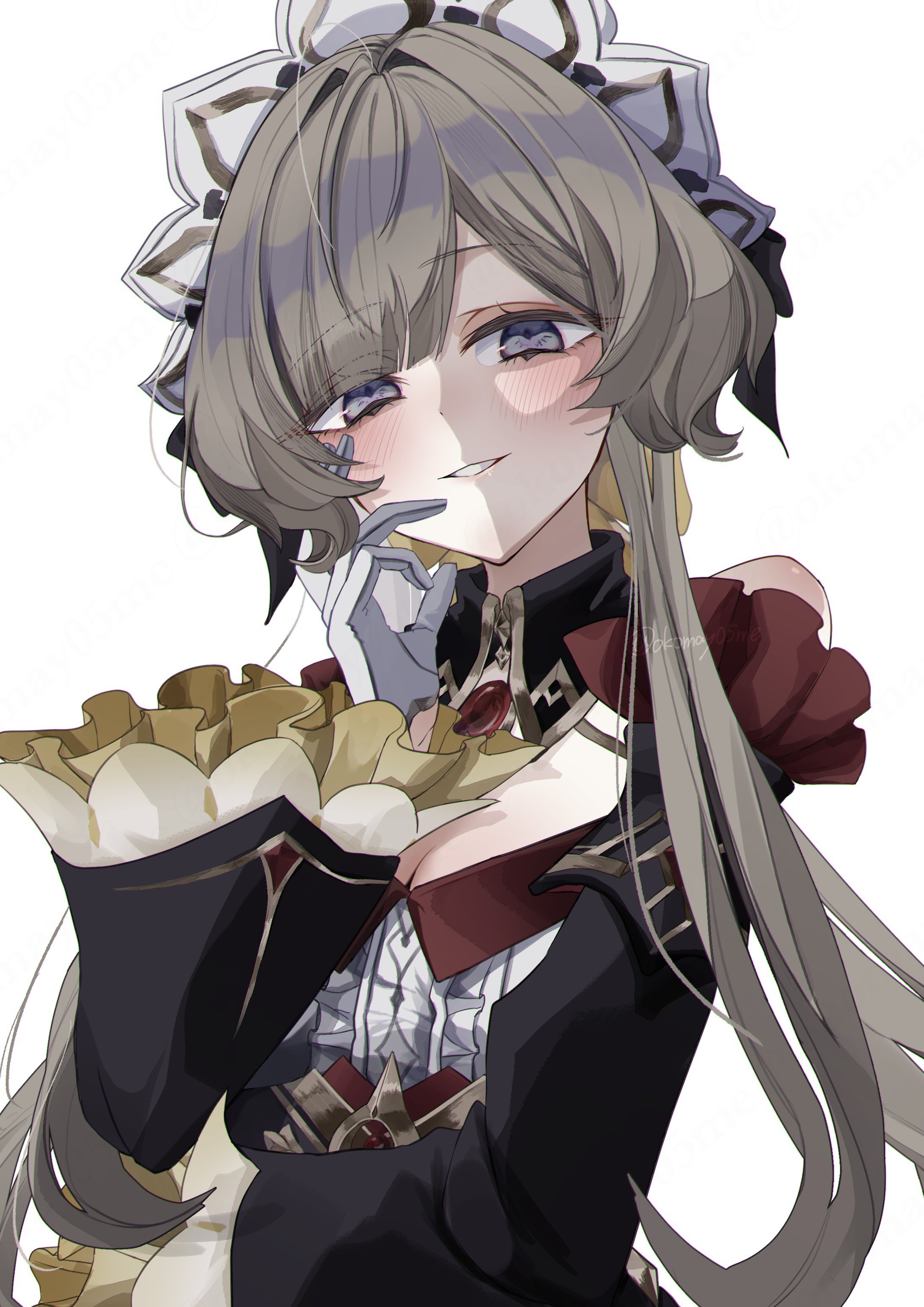 komay (okomay05me), sandrone (genshin impact), genshin impact, absurdres, highres, 1girl, bare shoulders, black dress, blue eyes, blush, breasts, brown hair, cleavage, detached sleeves, dress, gloves, looking at viewer, medium breasts, parted lips, smile, white gloves
