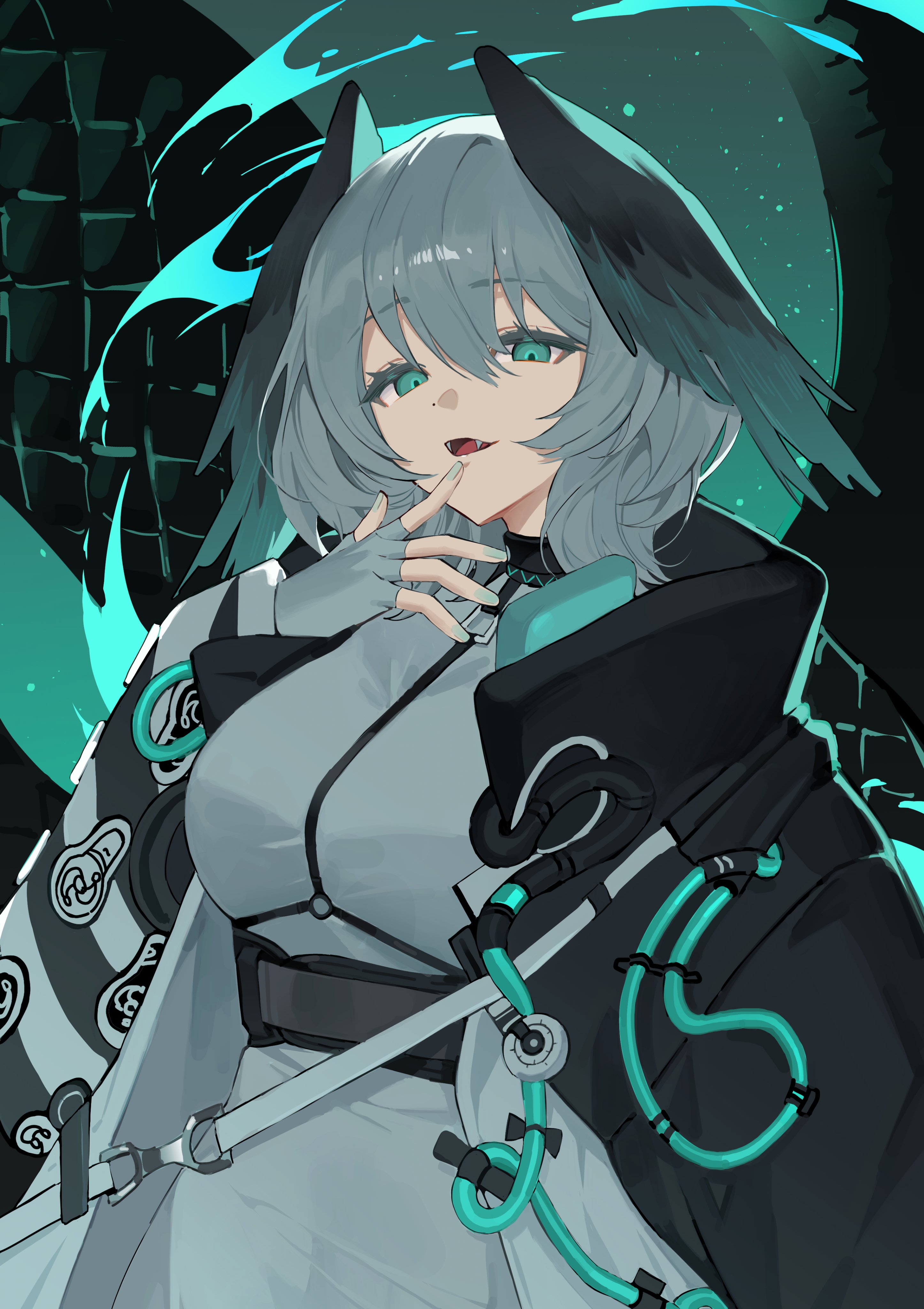 seizou hidzuke, ho'olheyak (arknights), infection monitor (arknights), arknights, absurdres, hashtag-only commentary, highres, 1girl, black coat, coat, dress, fangs, finger to mouth, fingerless gloves, fingernails, gloves, green eyes, green nails, grey coat, grey dress, grey gloves, grey hair, hair between eyes, head wings, light particles, long sleeves, looking at viewer, nail polish, open clothes, open coat, open mouth, short hair, solo, wings