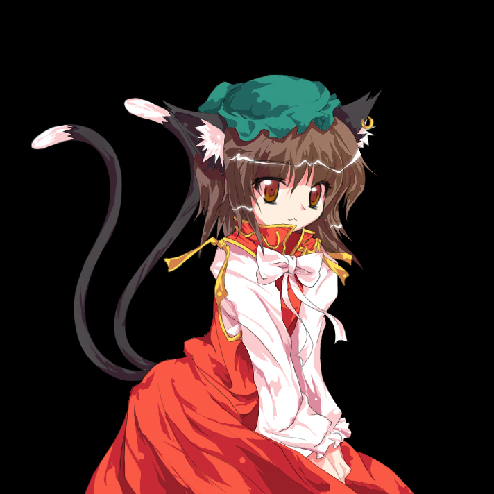 auer, chen, touhou, bad id, bad pixiv id, 1girl, :3, alphes (style), animal ears, brown hair, cat ears, cat girl, cat tail, china dress, chinese clothes, dress, earrings, female focus, hat, jewelry, parody, ribbon, short hair, solo, style parody, tail