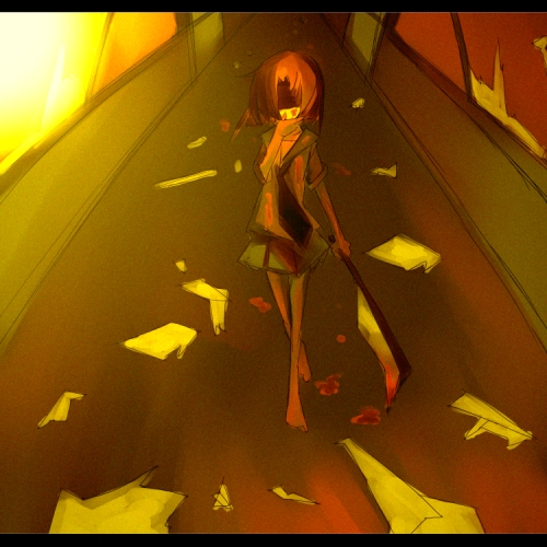 ryuuguu rena, higurashi no naku koro ni, lowres, 00s, 1girl, barefoot, billhook, blood, broken glass, female focus, glass, hashitsuki nata, hatchet, letterboxed, nata (tool), orange hair, school uniform, serafuku, short hair, solo