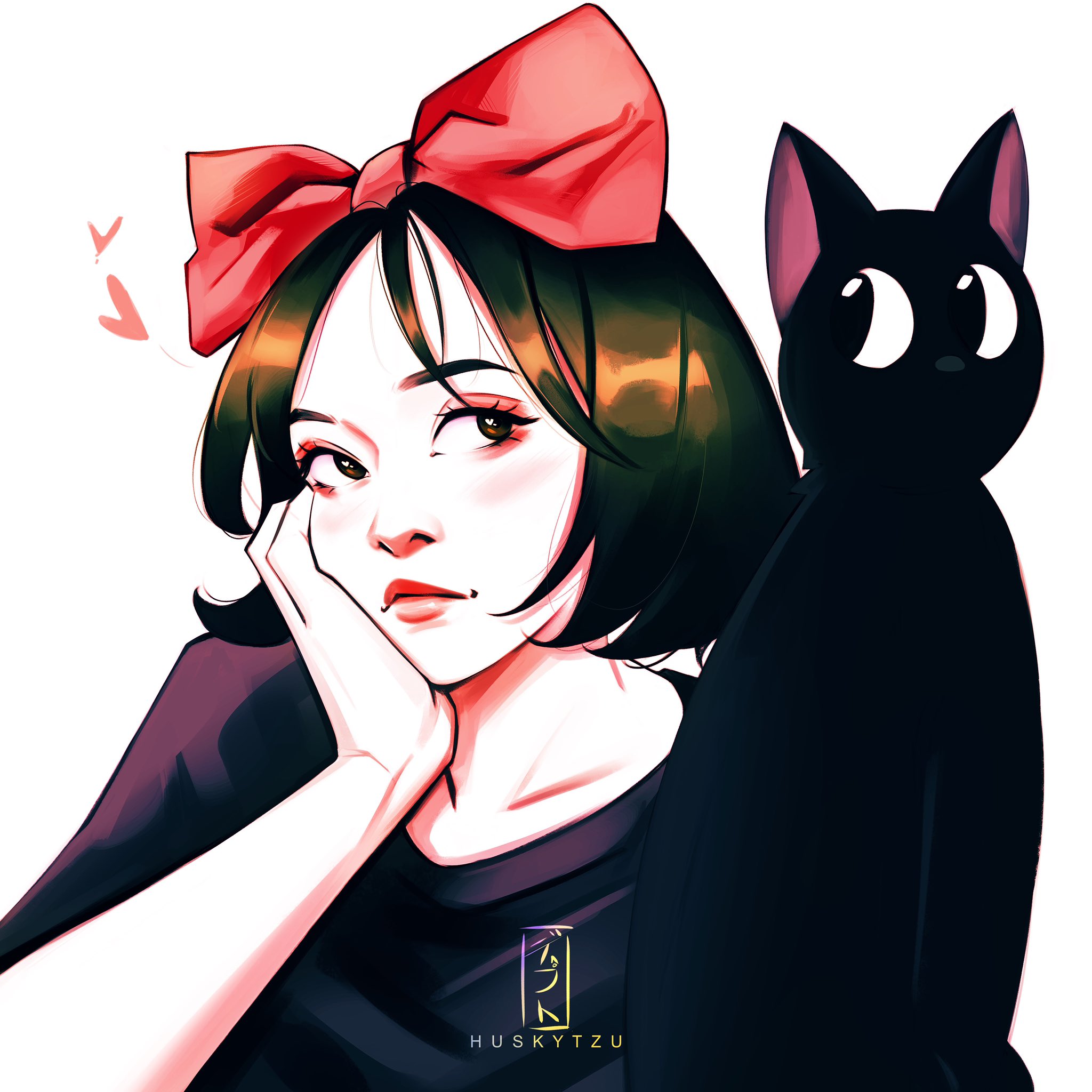 husky tzu, jiji (majo no takkyuubin), kiki (majo no takkyuubin), majo no takkyuubin, commentary, highres, 1girl, artist name, black cat, black dress, bow, brown hair, cat, cheek rest, closed mouth, dress, eyeshadow, hair bow, heart, makeup, red bow, red eyeshadow, short hair, simple background, white background