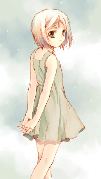 takano miyo, tanashi miyoko, higurashi no naku koro ni, 00s, aged down, blonde hair, dress, short hair, solo, yellow eyes