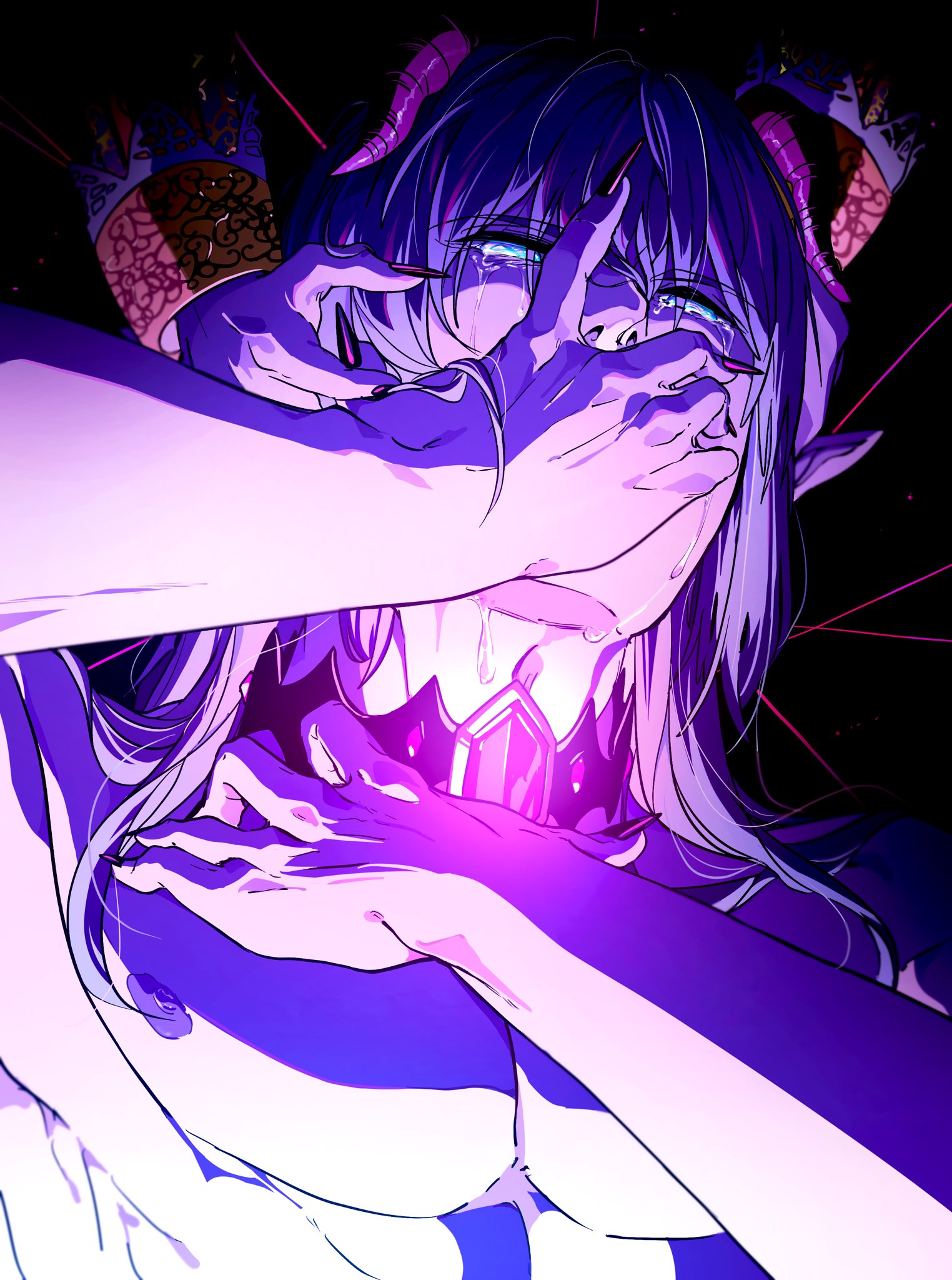 azbar (dragon quest), elgadora, dragon quest, dragon quest x, commentary request, highres, 1boy, 1girl, black background, black nails, blonde hair, blue eyes, choker, colored skin, covering own mouth, demon boy, demon girl, fingernails, gem, half-closed eyes, head out of frame, horns, long hair, looking at viewer, male focus, mother and son, muscular, muscular male, nanamono 0414, nipples, pointy ears, purple gemstone, purple horns, purple skin, sharp fingernails, solo focus, tears, topless male