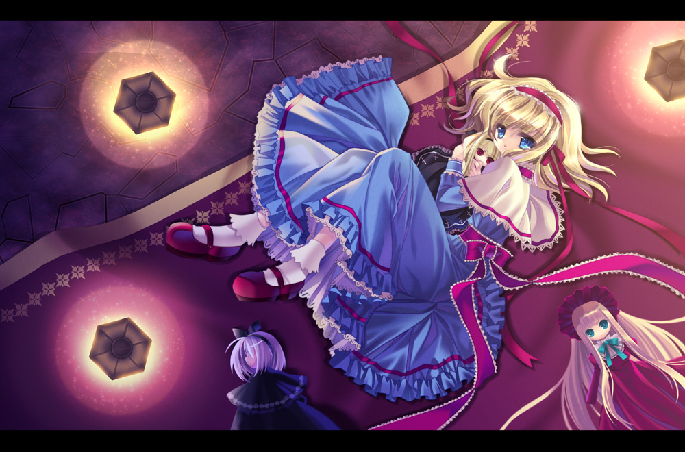 capura lin, hayami kyuuen, alice margatroid, shinku, rozen maiden, touhou, 00s, 3girls, blonde hair, blue eyes, doll, dress, female focus, gradient background, hair ribbon, hairband, letterboxed, long hair, multiple girls, ribbon, short hair, socks