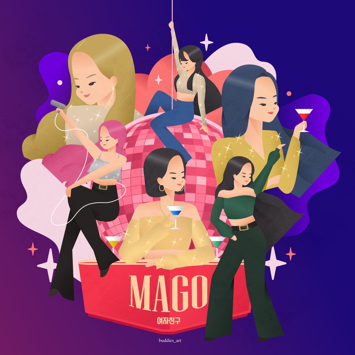 eunha (gfriend), sinb (gfriend), umji (gfriend), yerin (gfriend), yuju (gfriend), gfriend, commentary, highres, 6+girls, black hair, black pants, blonde hair, blue hair, blue pants, bob cut, buddies art, chibi, crop top, cup, disco ball, earrings, group name, hair dryer, holding, holding cup, holding hair dryer, jewelry, long hair, long sleeves, multiple girls, pants, pink hair, sitting, smile, song name, sowon (gfriend), sparkle