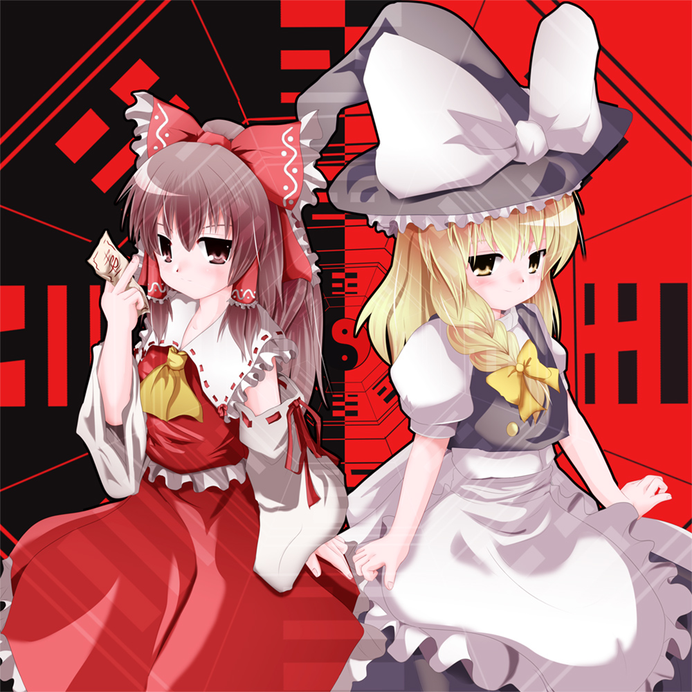 akabashi yuusuke, hakurei reimu, kirisame marisa, touhou, 2girls, blonde hair, bow, braid, brown eyes, brown hair, detached sleeves, female focus, hair ribbon, hat, japanese clothes, long hair, miko, multiple girls, ofuda, ribbon, skirt, witch, witch hat, yellow eyes