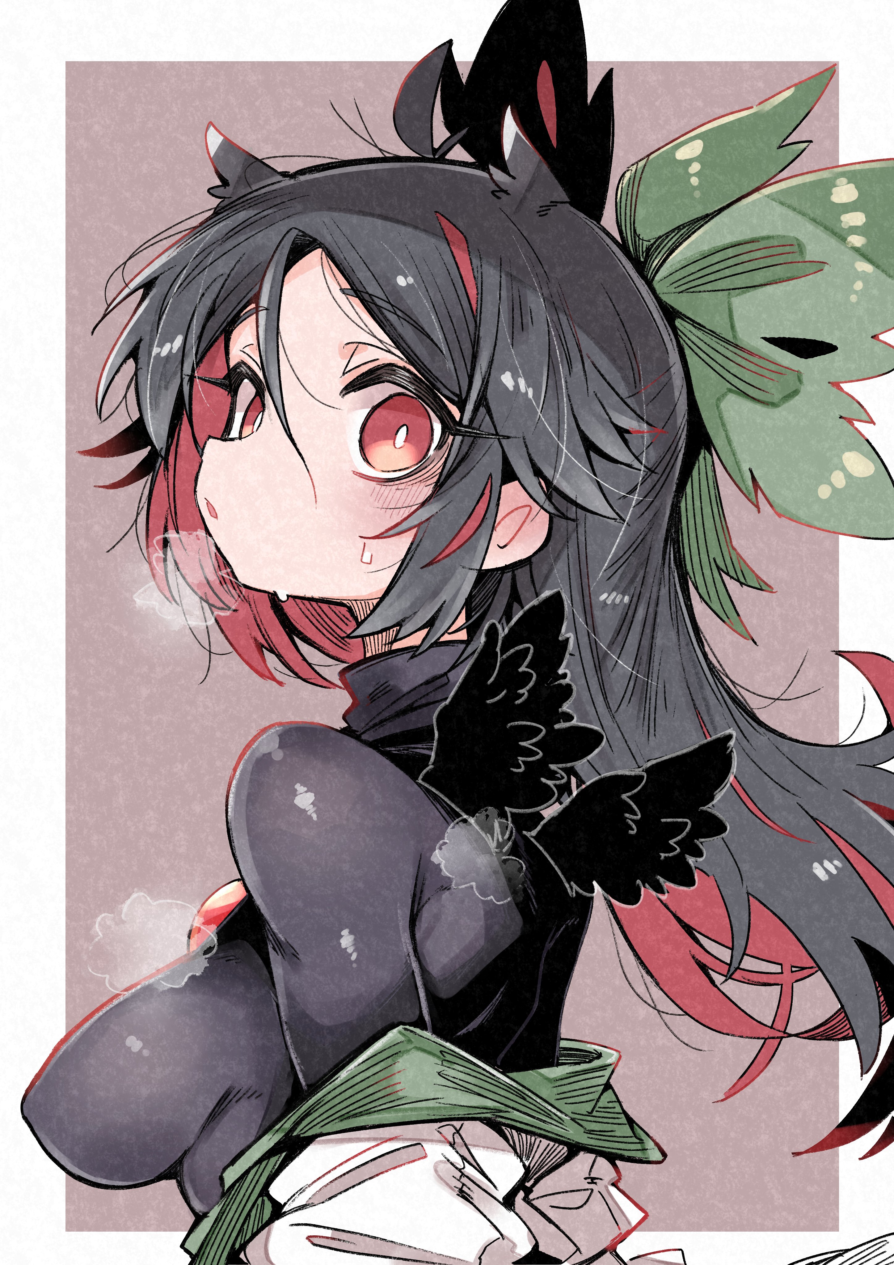 deal360acv, reiuji utsuho, touhou, absurdres, commentary request, highres, 1girl, black bodysuit, black hair, black wings, blush, bodysuit, bodysuit under clothes, bow, breasts, bright pupils, colored inner hair, feathered wings, from side, green bow, grey background, hair bow, long hair, looking at viewer, looking back, medium breasts, mini wings, multicolored hair, open mouth, red eyes, red hair, shirt, solo, steaming body, two-tone background, upper body, white background, white pupils, white shirt, wings