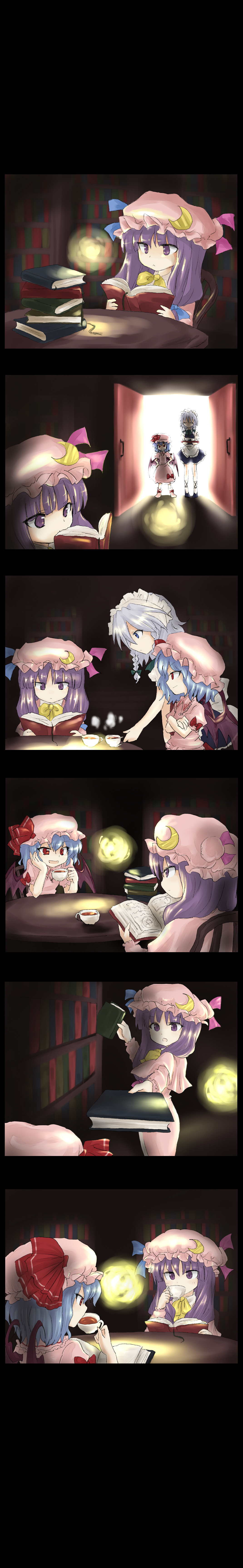 niji (nijioki), izayoi sakuya, patchouli knowledge, remilia scarlet, touhou, silver hair, absurdres, bad id, bad pixiv id, highres, long image, tall image, 3girls, bat wings, blue eyes, blue hair, book, comic, female focus, maid, multiple girls, purple eyes, purple hair, red eyes, wings