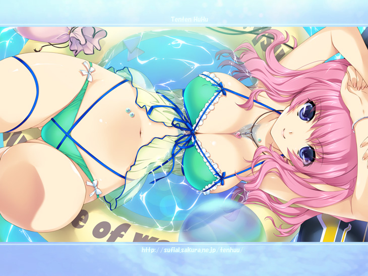 iizuki tasuku, 1girl, bikini, breasts, bust cup, cleavage, covered erect nipples, female focus, innertube, jewelry, large breasts, lying, navel, necklace, pink hair, purple eyes, ribbon, solo, swim ring, swimsuit, water