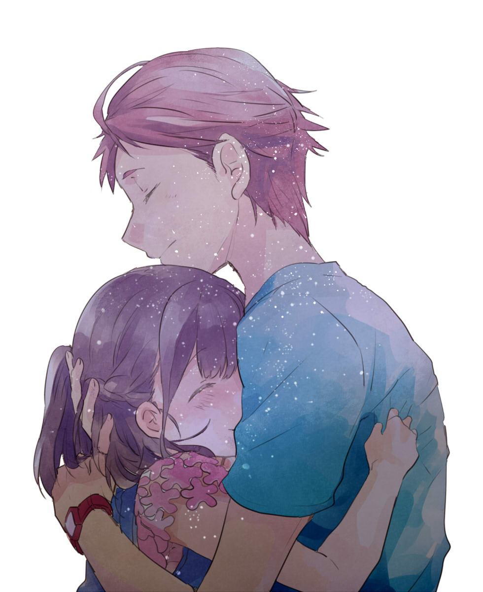 takana (nanao), senomiya akiho, yashio kaito, robotics;notes, robotics;notes dash, science adventure, highres, 1boy, 1girl, blush, closed eyes, closed mouth, couple, from side, hair ornament, hand on another's head, hetero, hug, long hair, red hair, shirt, short hair, short sleeves, simple background, smile, upper body, white background