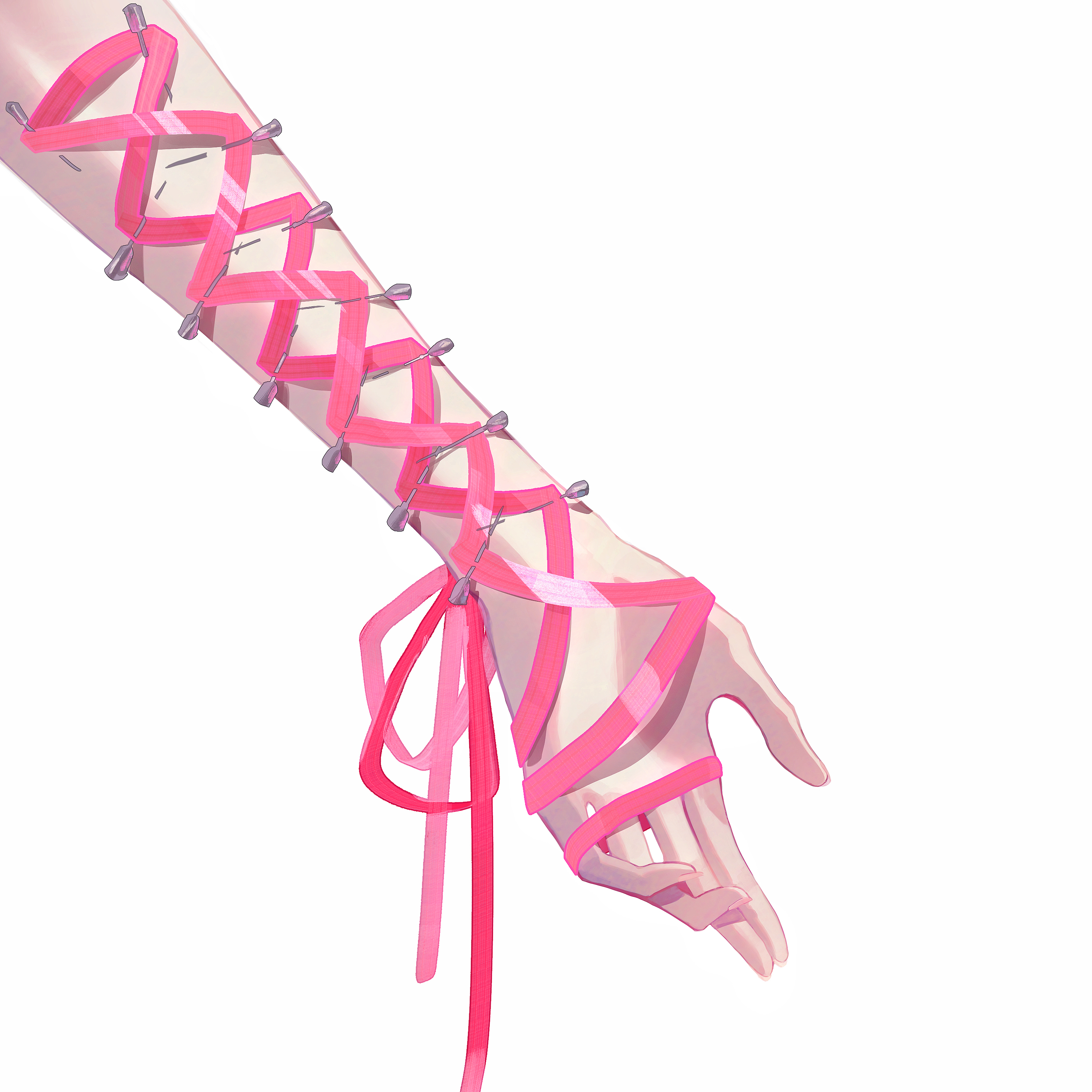phlic, akiyama mizuki, project sekai, absurdres, commentary, english commentary, highres, tagme, 1other, arm focus, bare arms, fingernails, pink ribbon, ribbon, simple background, solo, white background