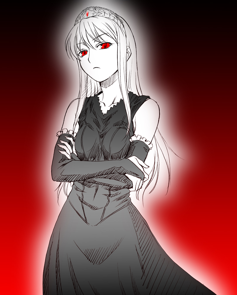 kouda tomohiro, hime (kaibutsu oujo), kaibutsu oujo, 00s, bare shoulders, crossed arms, long hair, looking at viewer, monochrome, red eyes, simple background, solo, spot color, tiara