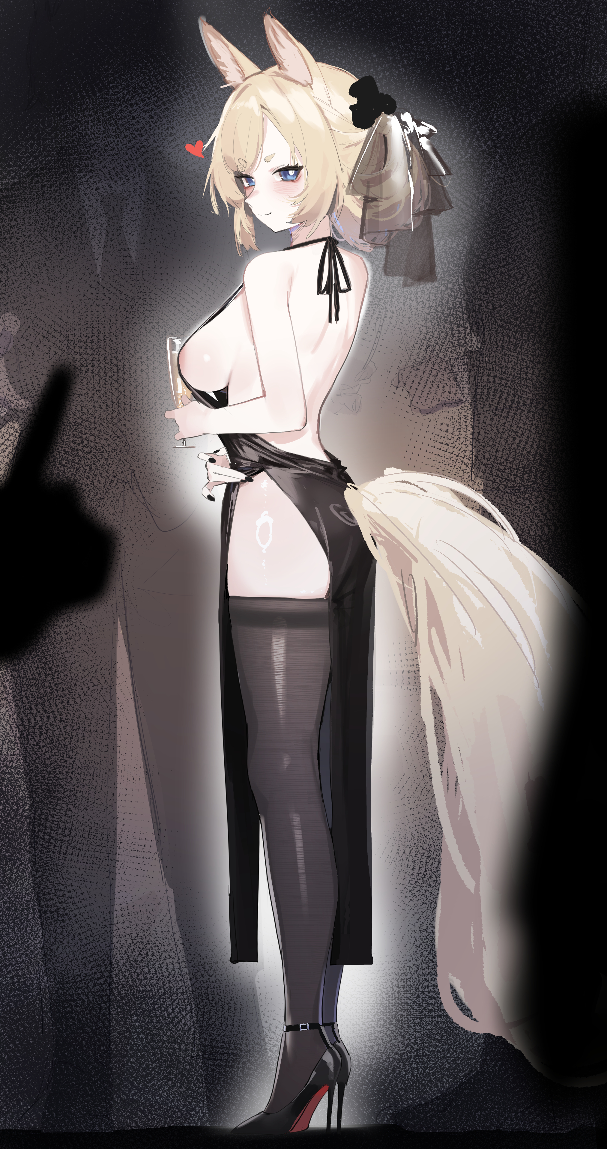 uta (xuyansong1996), whislash (arknights), arknights, absurdres, chinese commentary, commentary, highres, 1girl, 2others, alcohol, animal ear fluff, animal ears, ass, back, backless dress, backless outfit, bare back, bare shoulders, black nails, black shoes, blonde hair, blue eyes, breasts, champagne, champagne flute, cocktail dress, cup, dress, drinking glass, fingernails, from side, halter dress, halterneck, high heels, horse ears, horse girl, horse tail, long fingernails, long hair, looking at viewer, looking to the side, medium breasts, multiple others, nail polish, nipples, revealing clothes, shoes, sideboob, smile, solo, tail, thighhighs
