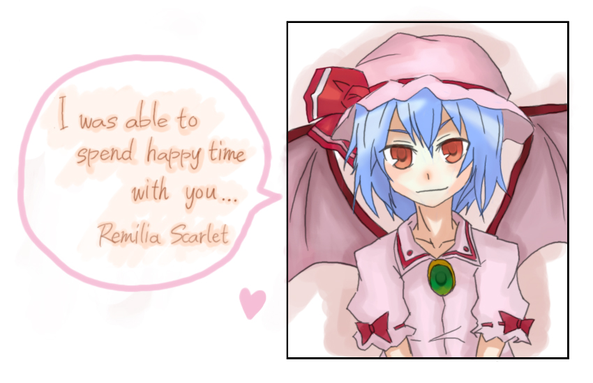 hiruno, hiruno@fukki, remilia scarlet, touhou, bad id, bad pixiv id, 1girl, bat wings, blue hair, english text, engrish text, female focus, hat, ranguage, red eyes, solo, upper body, white background, wings