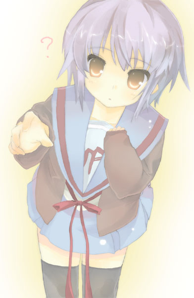 shivu (mochi), nagato yuki, suzumiya haruhi no yuuutsu, silver hair, 00s, cardigan, school uniform, serafuku, solo, thighhighs, yellow eyes