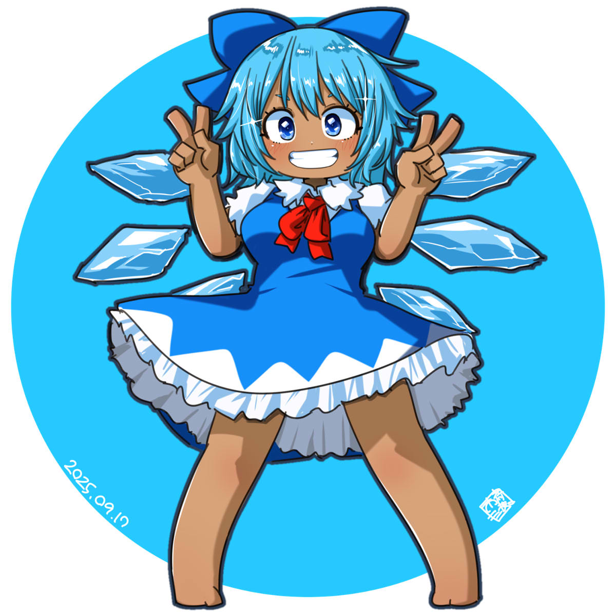 itini-sanshi, annyui (cookie), cirno, cookie (touhou), touhou, commentary request, highres, 1girl, barefoot, blue background, blue bow, blue dress, blue eyes, blue hair, blush, bow, bowtie, breasts, dark-skinned female, dark skin, dated, double v, dress, full body, grin, hair bow, ice, ice wings, looking at viewer, medium breasts, red bow, red bowtie, shirt, short hair, smile, solo, standing, v, white background, white shirt, wings