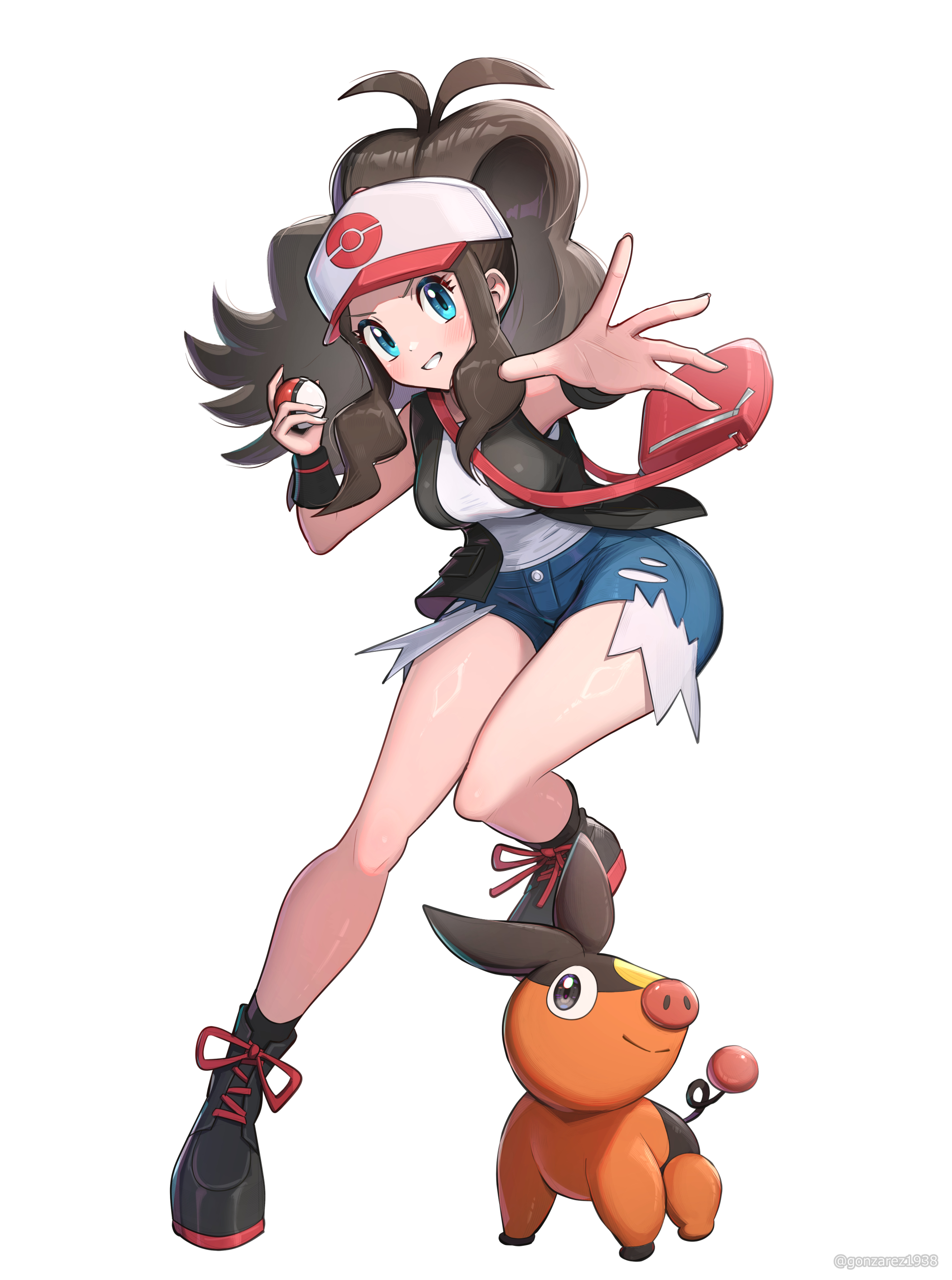 gonzarez, hilda (pokemon), tepig, nintendo, pokemon, pokemon bw, absurdres, highres, 1girl, full body, gen 5 pokemon, pokemon (creature), simple background, white background