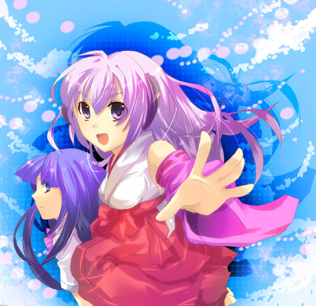 furude rika, hanyuu, higurashi no naku koro ni, non-web source, 00s, 2girls, day, hakama, hakama skirt, japanese clothes, miko, multiple girls, red hakama, school uniform, serafuku, skirt, sky