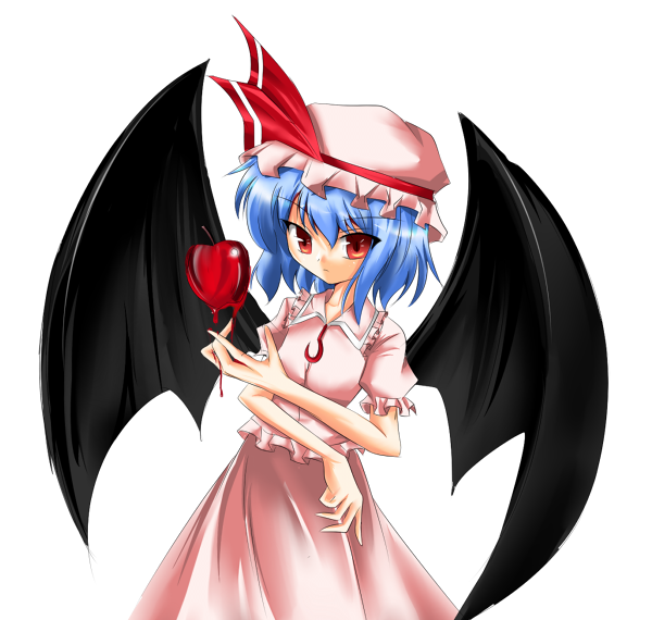 kachuten, remilia scarlet, touhou, bad id, bad pixiv id, 1girl, apple, bat wings, blue hair, female focus, food, fruit, hat, red eyes, simple background, skirt, solo, white background, wings