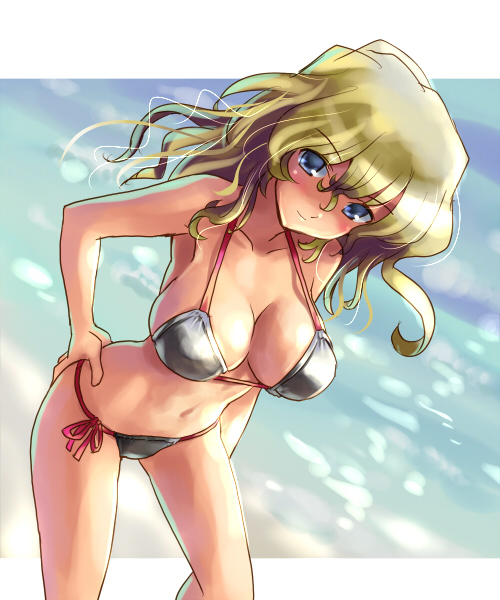 katahira masashi, original, 1girl, bikini, blonde hair, blue eyes, breasts, female focus, large breasts, long hair, side-tie bikini bottom, solo, swimsuit