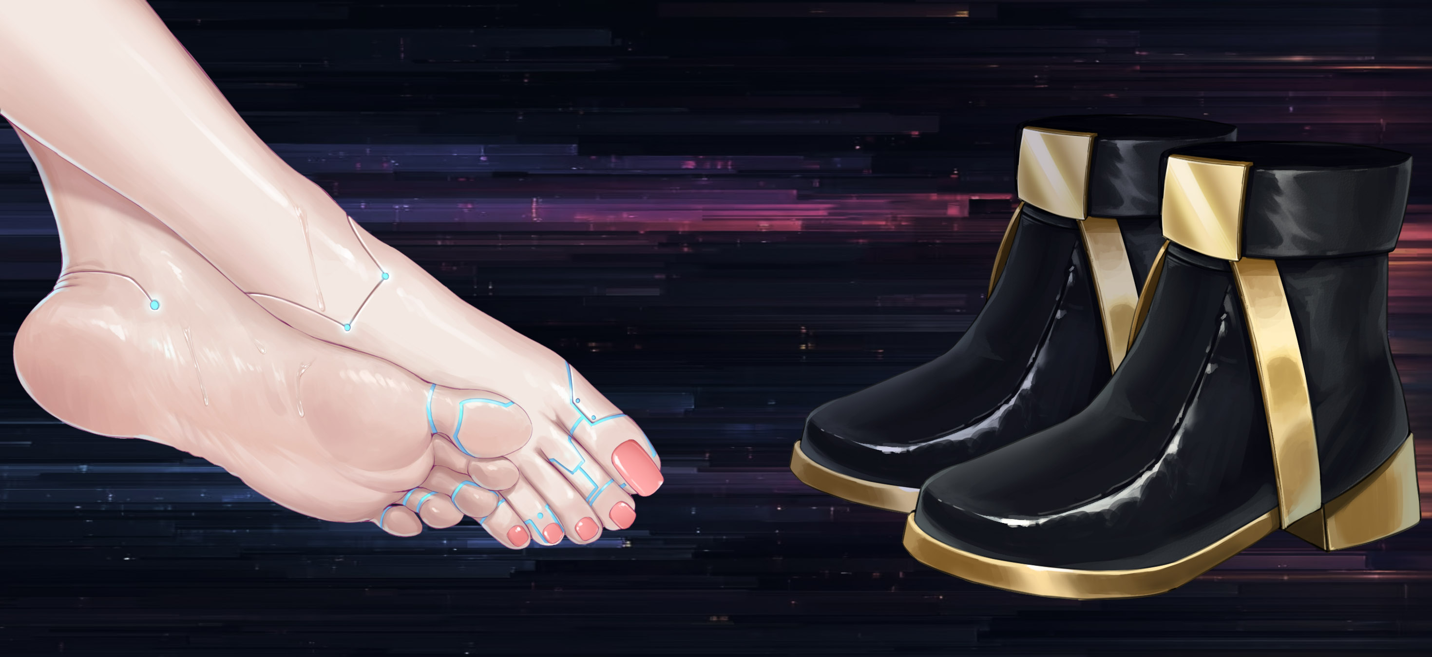 liang mu, black footwear, highres, 1girl, barefoot, boots, close-up, doll joints, feet, foot focus, greek toe, joints, nail polish, out of frame, pink nails, shoes, soles, solo, toenail polish, toenails, toes, unworn shoes