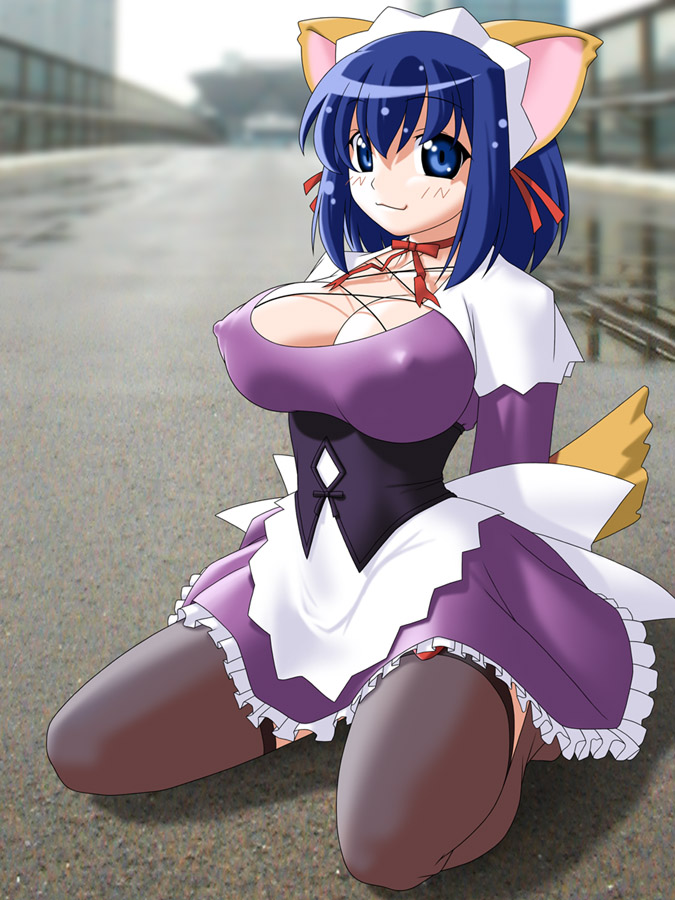 delica, tokyo circuit, kokubunji koyori, nurse witch komugi-chan, 00s, 1girl, animal ears, blue eyes, blue hair, breasts, cat ears, cat tail, choker, cleavage, covered erect nipples, day, dress, female focus, frills, hairband, huge breasts, kneeling, large breasts, maid, matching hair/eyes, outdoors, purple skirt, raccoon ears, short hair, skirt, smile, solo, tail, thighhighs