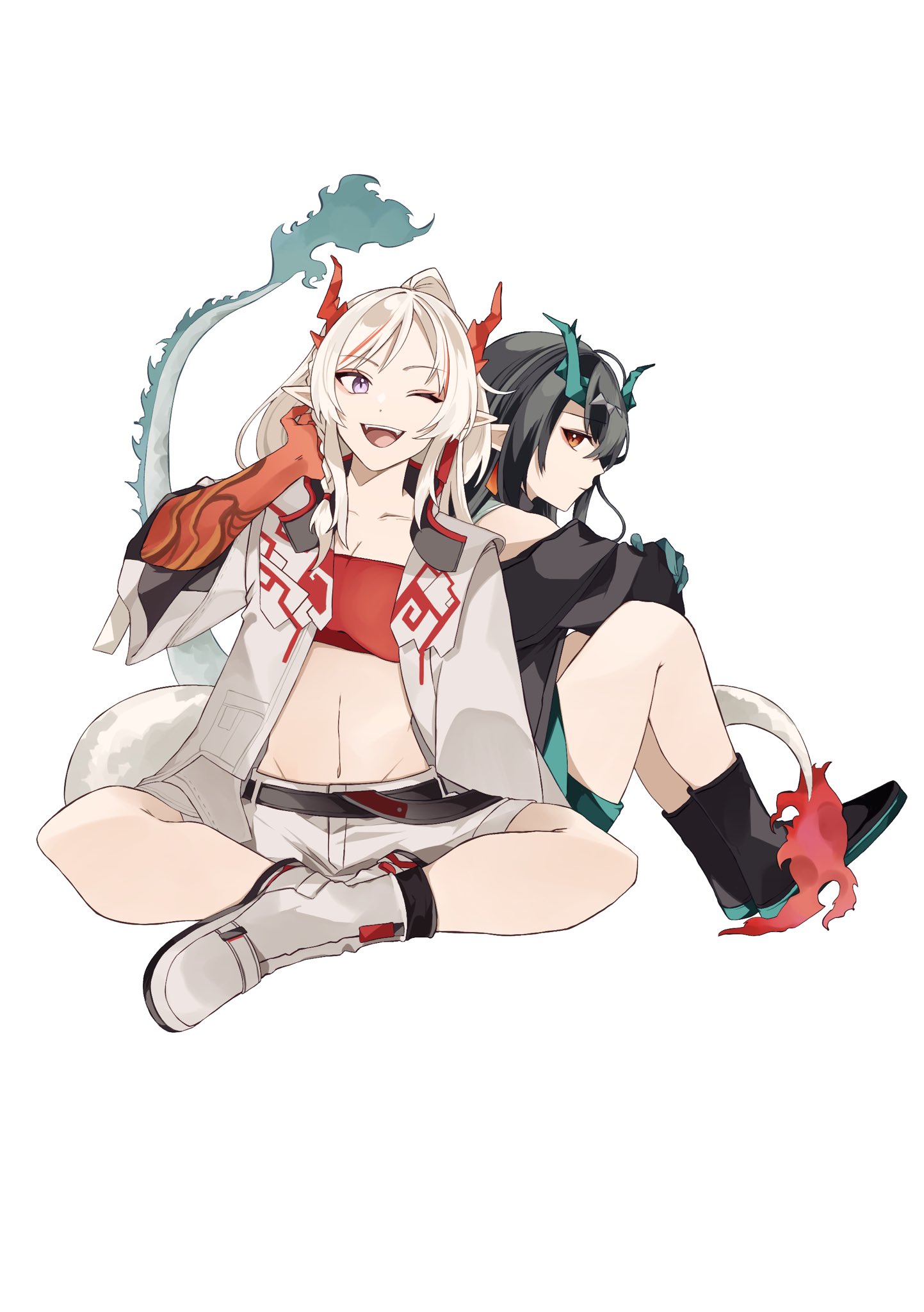 dusk (arknights), nian (arknights), arknights, commentary, highres, 2girls, ;d, aqua horns, bandeau, bare shoulders, black boots, black hair, black jacket, boots, breasts, cleavage, closed mouth, collarbone, colored extremities, crop top, dragon girl, dragon horns, dragon tail, earrings, fingernails, full body, groin, hand in own hair, horns, hujinonn gm, jacket, jewelry, knee boots, medium hair, midriff, multicolored hair, multiple girls, navel, off shoulder, one eye closed, open clothes, open jacket, open mouth, orange eyes, pointy ears, profile, purple eyes, red bandeau, red hair, red horns, shorts, siblings, simple background, sisters, sitting, smile, streaked hair, tail, tail raised, teeth, upper teeth only, white background, white boots, white hair, white jacket, white shorts