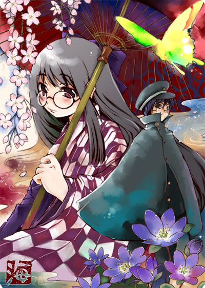 kaisanbutsu, 1boy, 1girl, black hair, bug, butterfly, glasses, japanese clothes, kimono, yagasuri